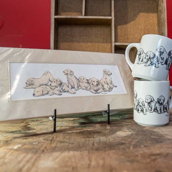 Golden Retriever Puppy Signed Art and Mug Collection by Cindy Farmer - Vintage